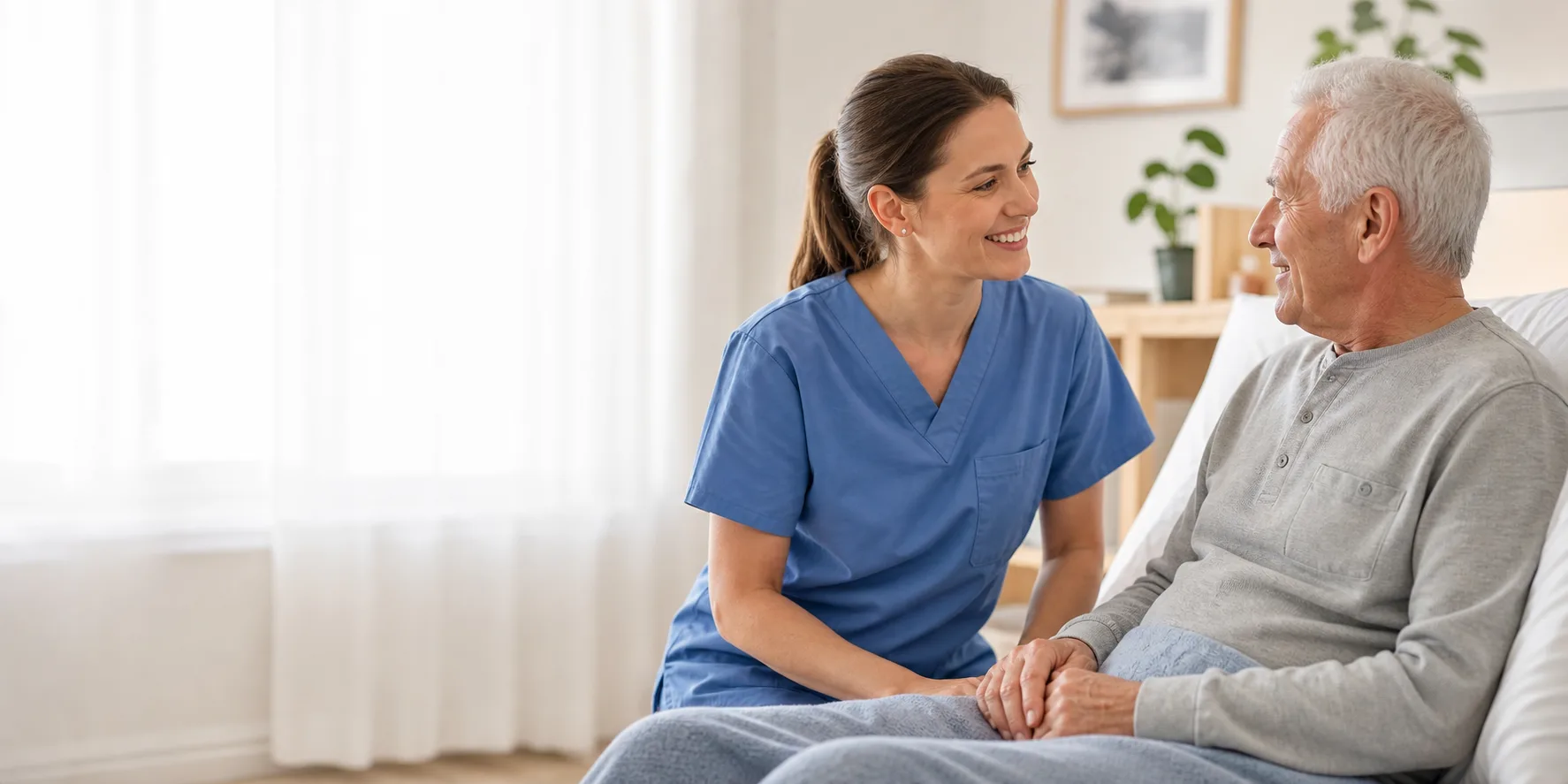 Pflegefachkraft im Gespräch mit einem älteren Patienten in häuslicher Umgebung